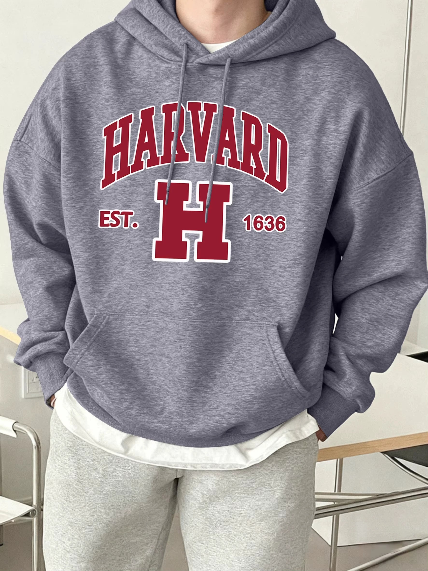 Harvard Est. 1636 Printed Sport Casual Hoody Men Street Fleece Sweatshirts Comfortable Loose Clothes Vintage Pocket Sportswears