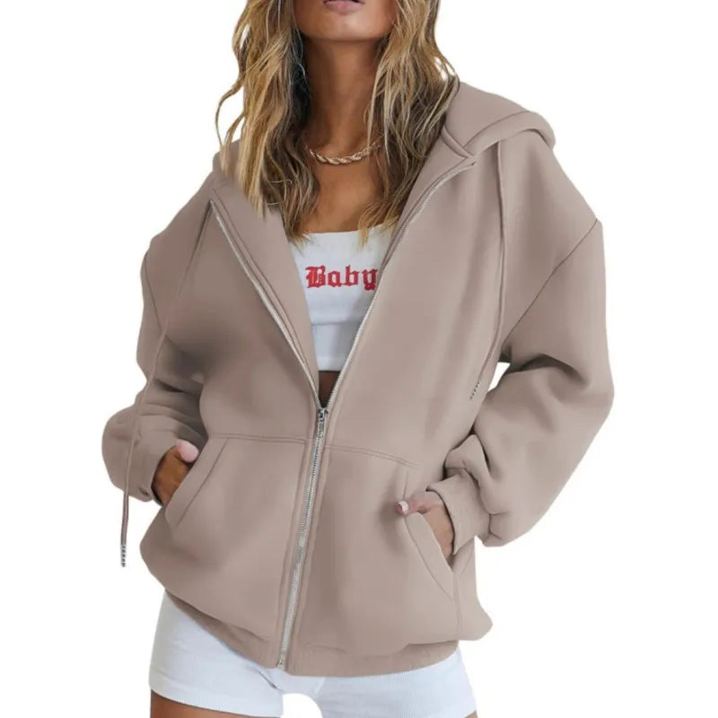 Fashion Gray Zip Up Sweatshirt Women Autumn Winter Jacket Clothes Hoodies Daily Pockets Long Sleeve Solid Versatile Lady Hoodies