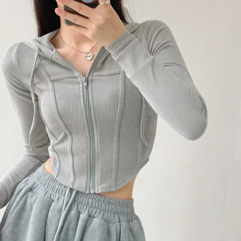 2024 Thin Hooded Cardigan Women Vintage Slim Solid Sports Jacket Vertical Pit Stripe Zipper Female Sexy Korean Cropped Tops