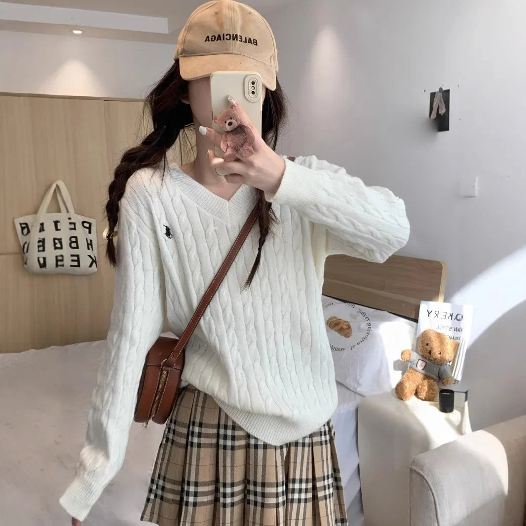 Women's Loose Long Sleeve Knitted Sweater Autumn Winter Inner Wear V-Neck Embroidered Pattern Tassel Twist Korean Style Top