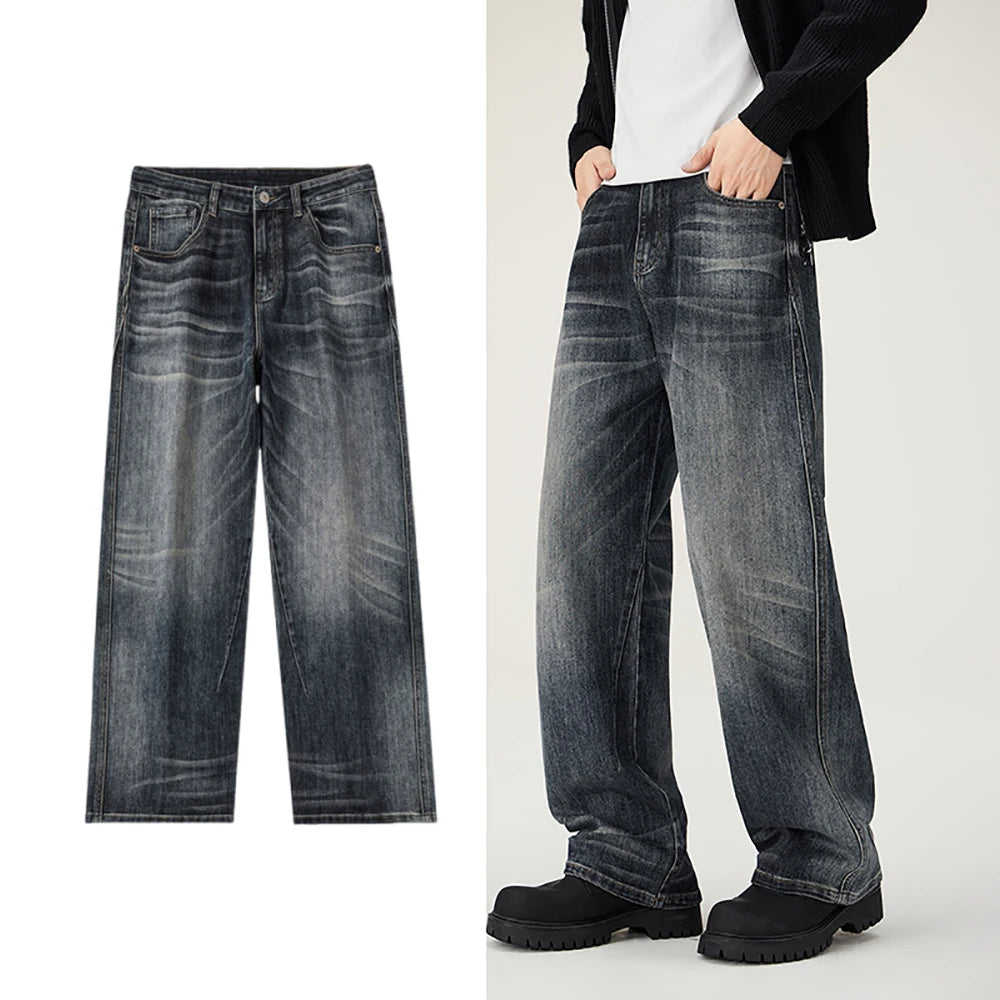 Men's loose wide-leg jeans, men's summer jeans, men's washed-out blue jeans, men's fashionable street versatile trousers