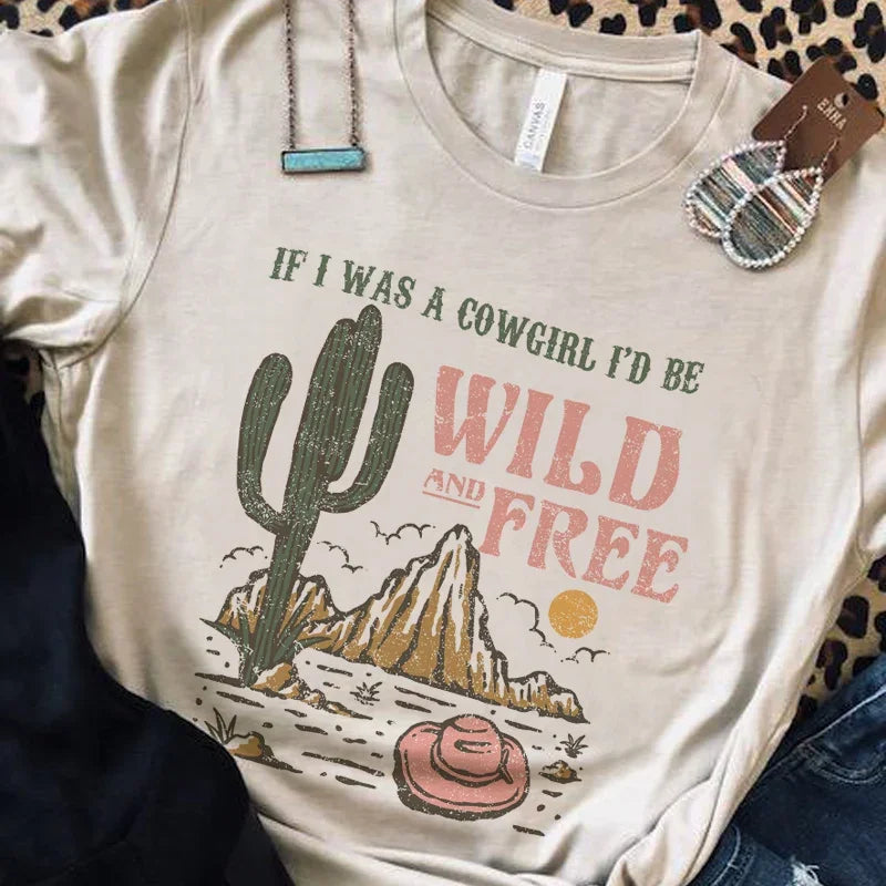 Summer Women Oversized Vintage Western T-Shirts Cowgirl Wild Free Desert Cactus Graphic Tshirt Cute Country Music Tees Retro Top