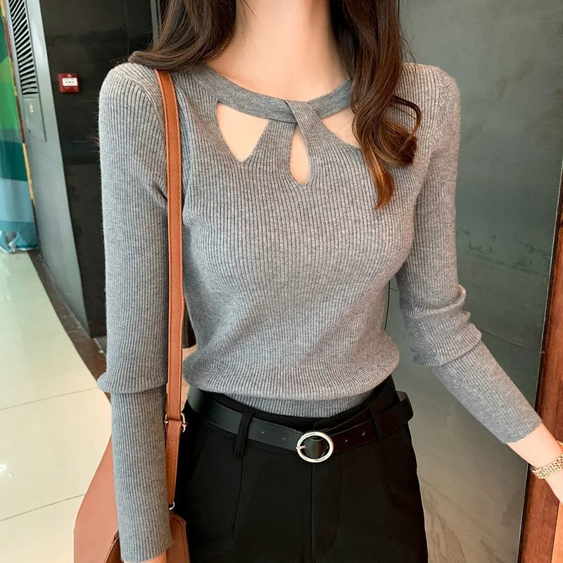 Women's O-neck Stretch Sexy Pullover Lady 2025 Autumn Winter Hollow Solid Color Sweater Slim Bottoming Shirt Jumper Sueter