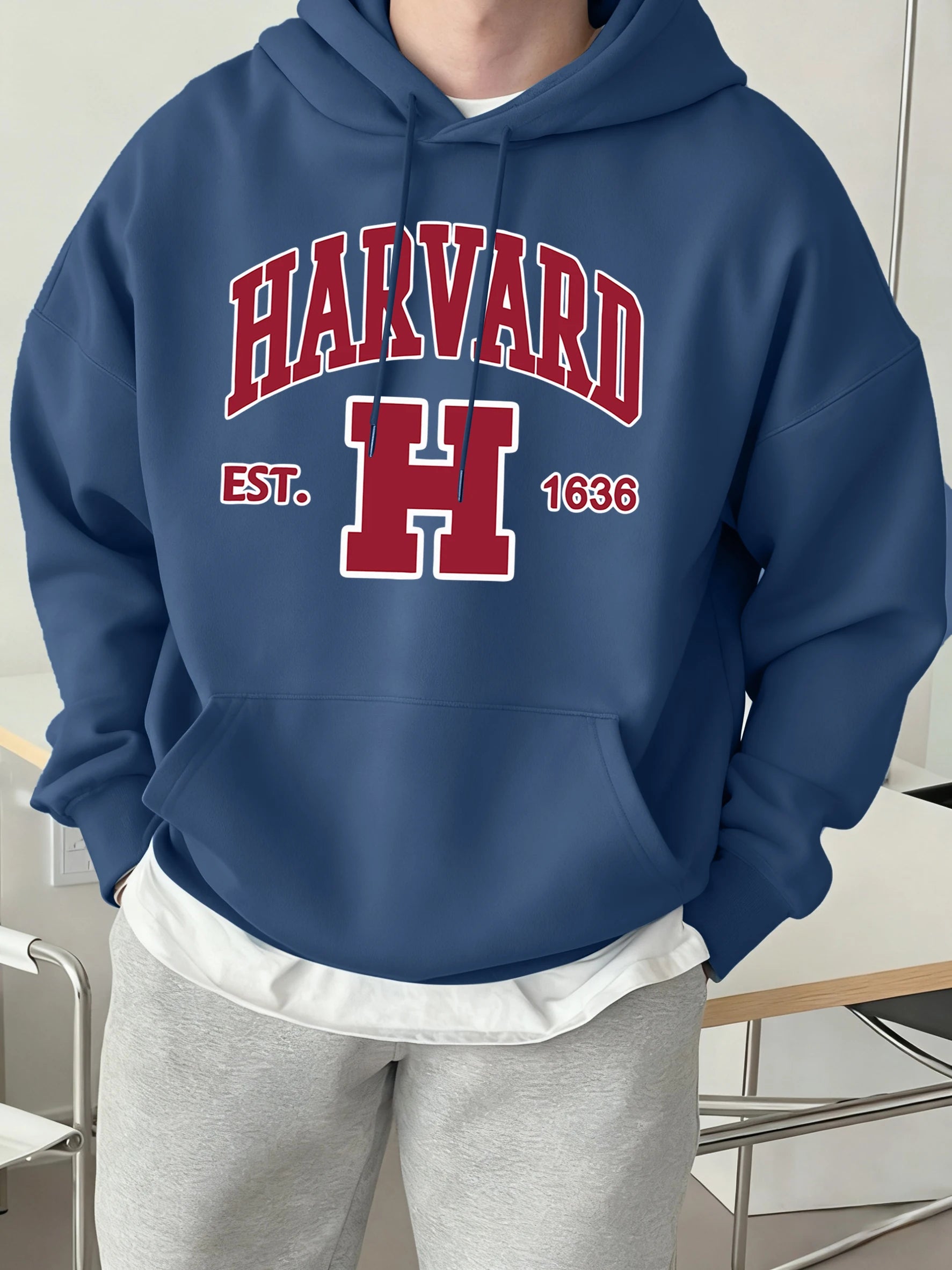 Harvard Est. 1636 Printed Sport Casual Hoody Men Street Fleece Sweatshirts Comfortable Loose Clothes Vintage Pocket Sportswears
