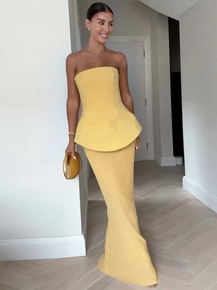 Waist Cinching Strapless Top Pleated Skirt Woman‘s Sets High Waist Sleeveless Solid Color Tops Slim Pleated Long Skirts Elegant