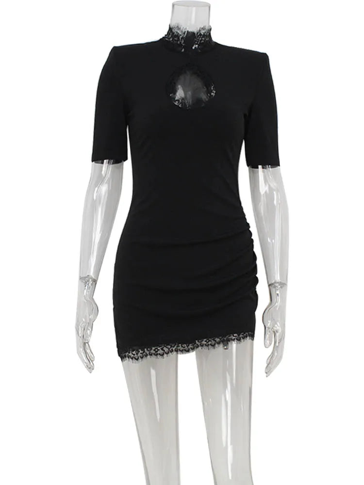 CNYISHE Hollow Out Bodycon Sheath High Collar Lace Patchwork Women Dresses Half Sleeve Outfits Sexy Club Fashion Female Vestidos