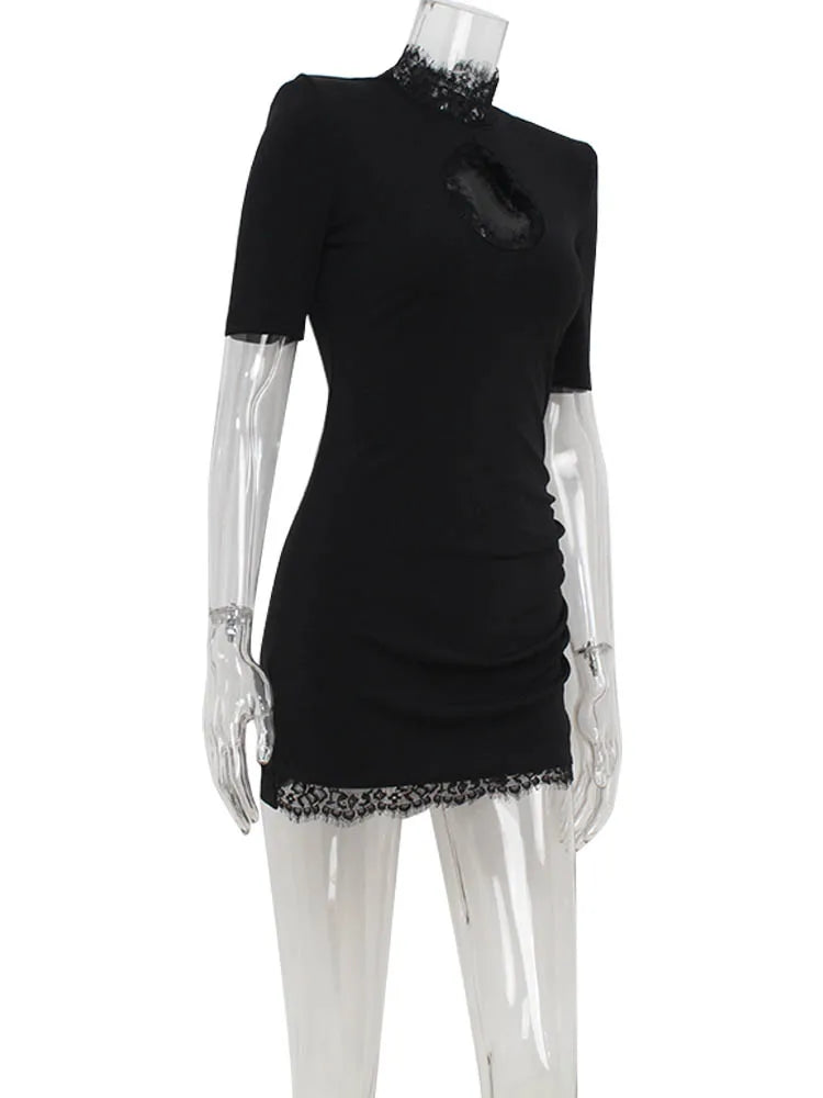 CNYISHE Hollow Out Bodycon Sheath High Collar Lace Patchwork Women Dresses Half Sleeve Outfits Sexy Club Fashion Female Vestidos