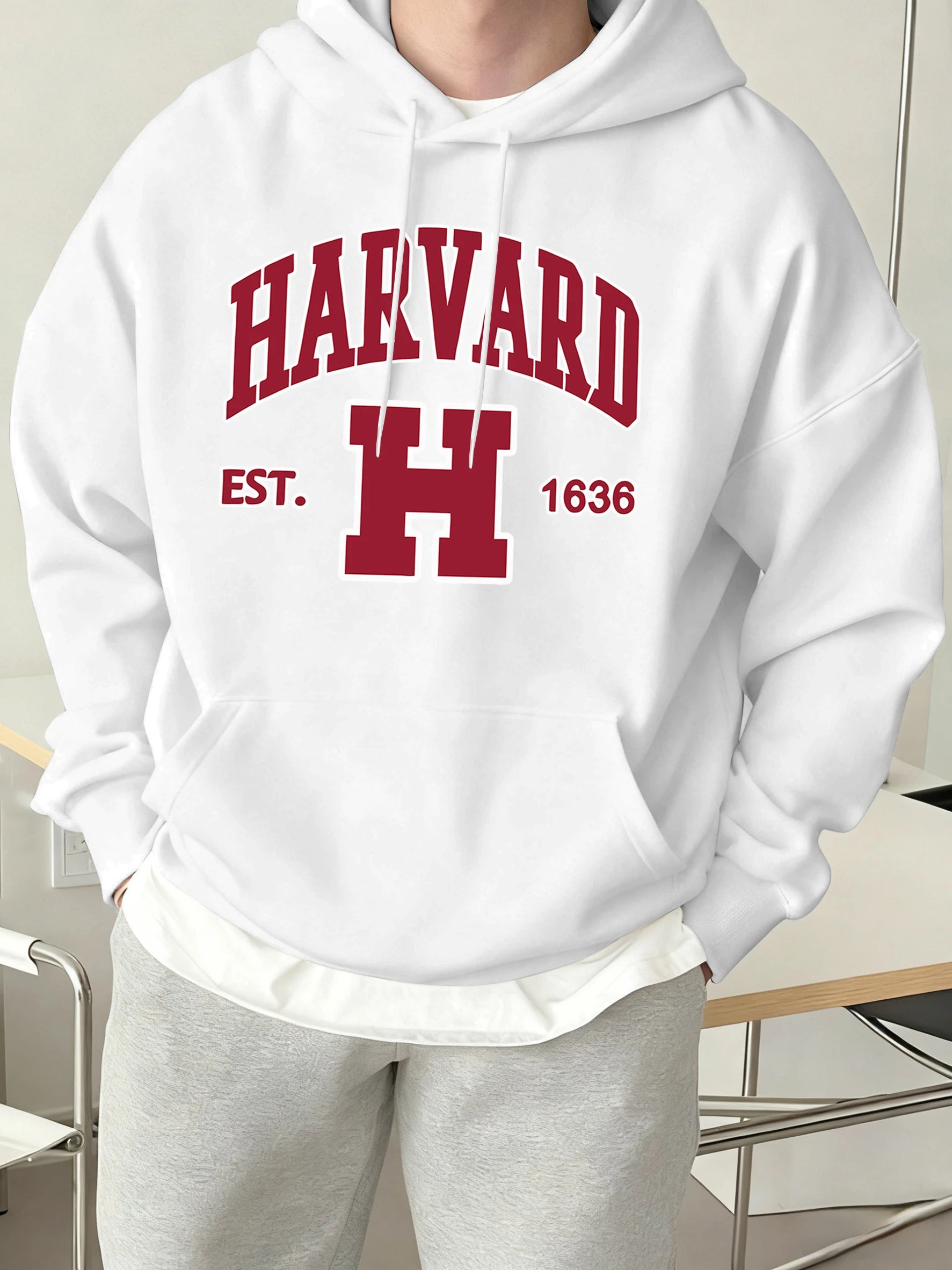 Harvard Est. 1636 Printed Sport Casual Hoody Men Street Fleece Sweatshirts Comfortable Loose Clothes Vintage Pocket Sportswears