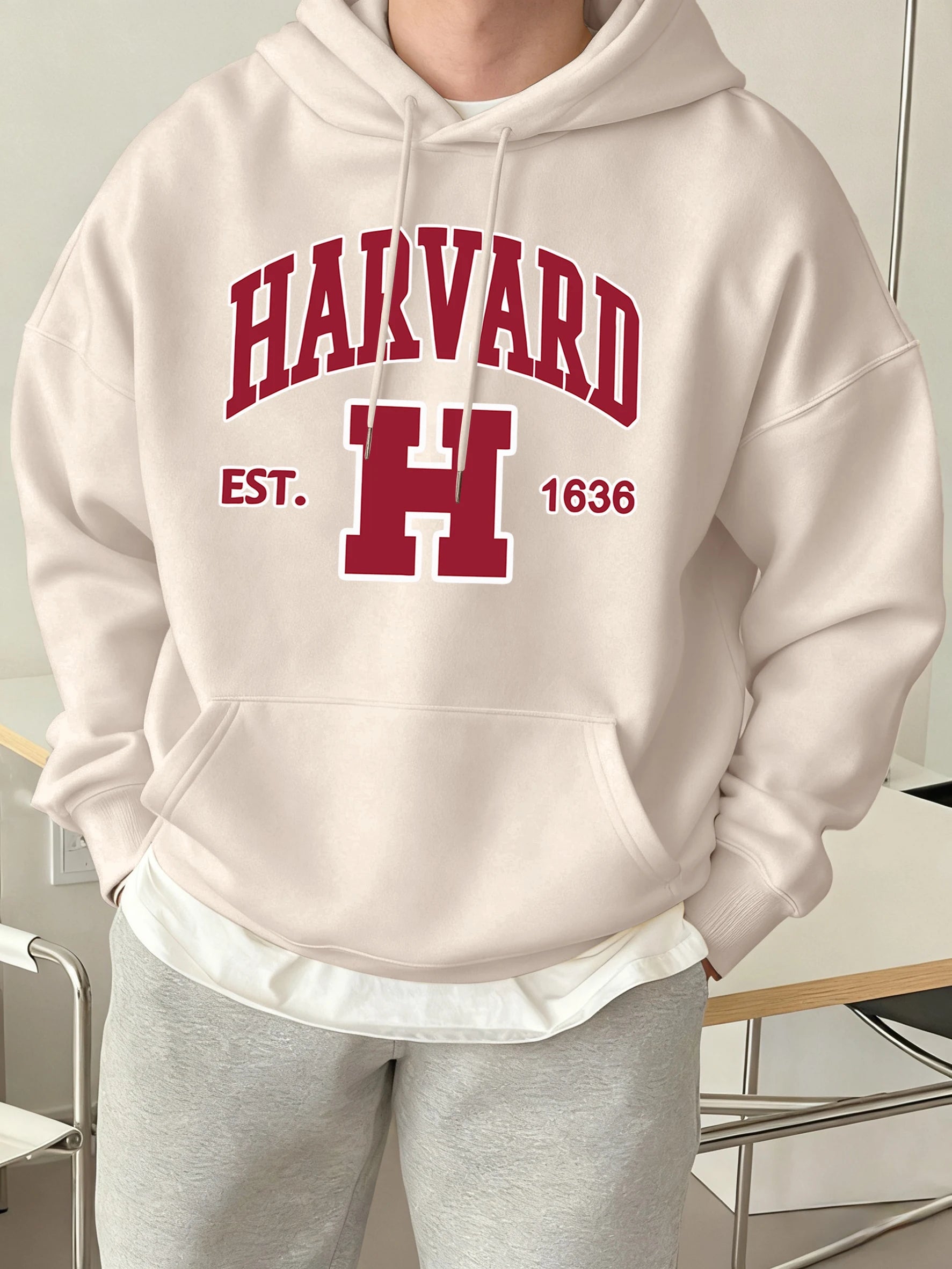 Harvard Est. 1636 Printed Sport Casual Hoody Men Street Fleece Sweatshirts Comfortable Loose Clothes Vintage Pocket Sportswears