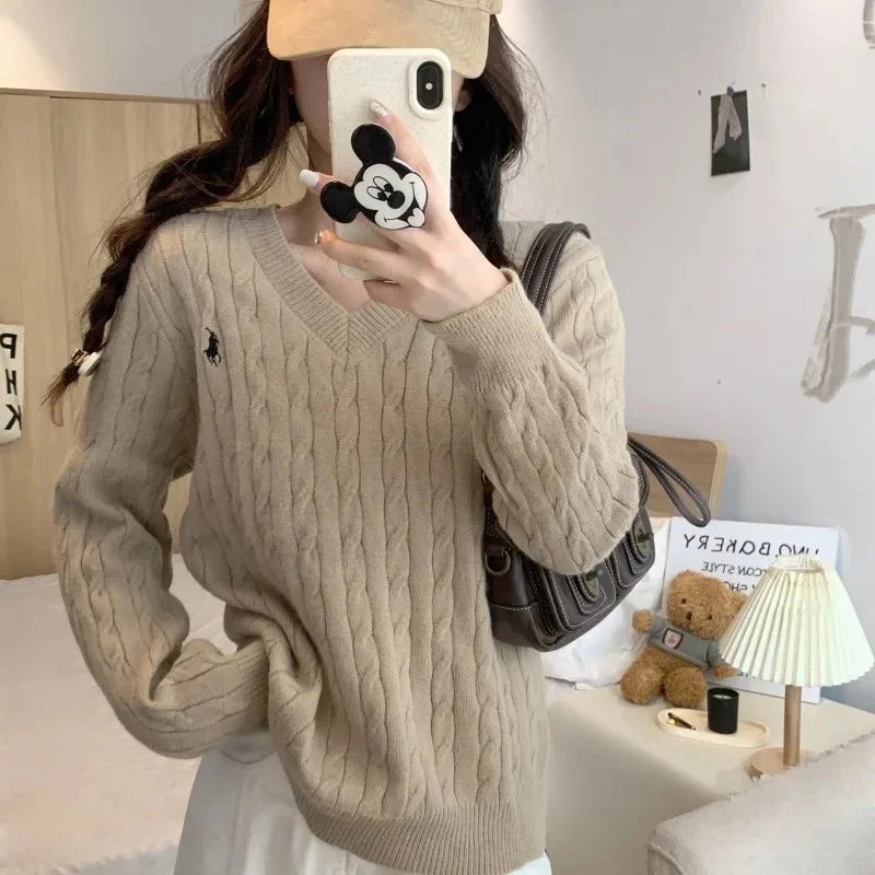 Women's Loose Long Sleeve Knitted Sweater Autumn Winter Inner Wear V-Neck Embroidered Pattern Tassel Twist Korean Style Top