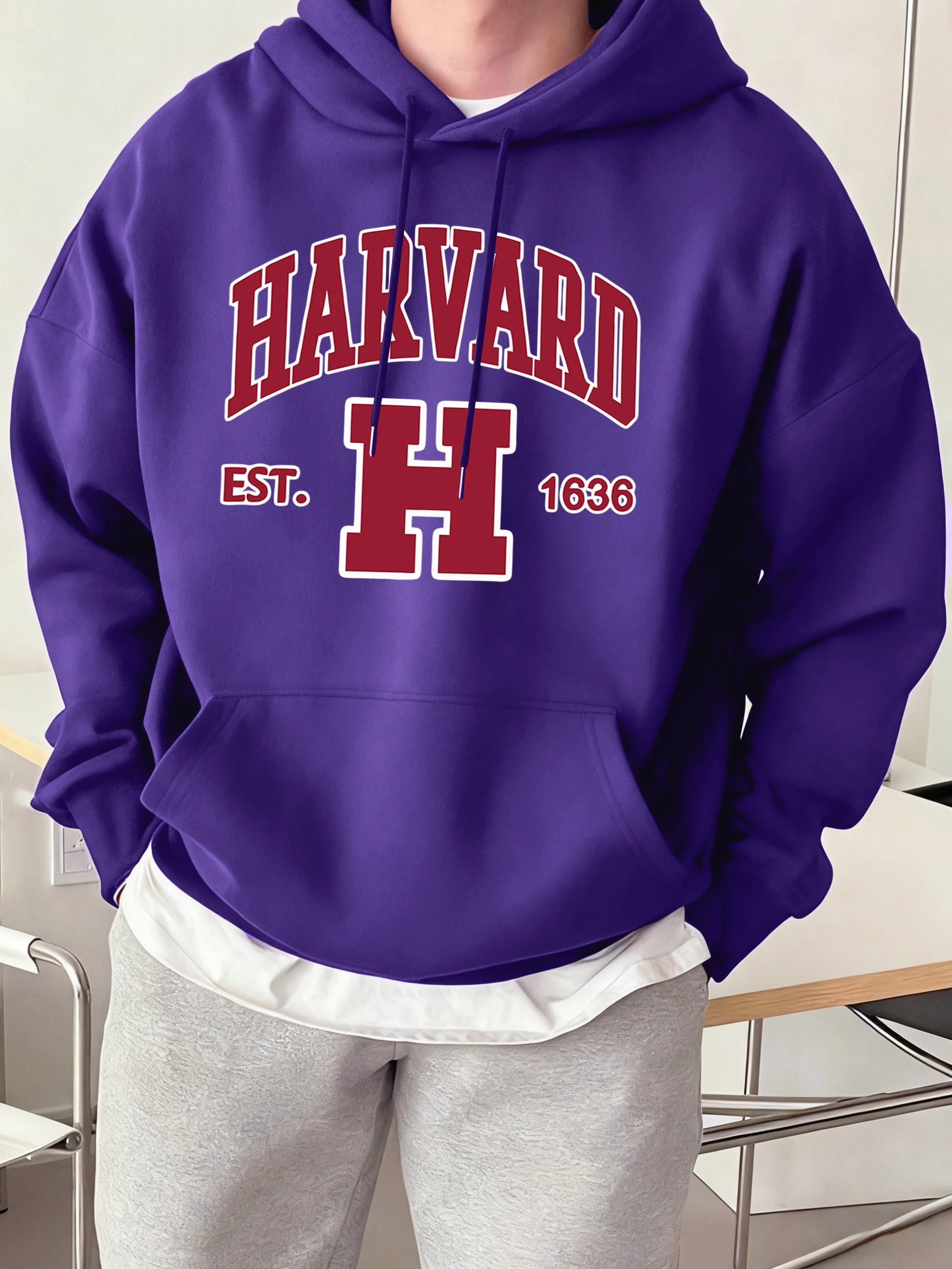 Harvard Est. 1636 Printed Sport Casual Hoody Men Street Fleece Sweatshirts Comfortable Loose Clothes Vintage Pocket Sportswears