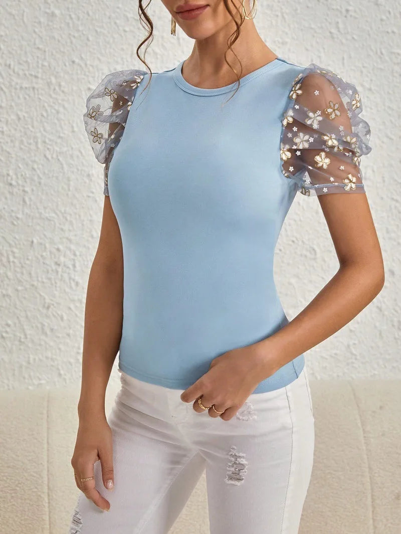 2024 European And American Spring And Autumn Mesh Petal Bubble Short Sleeve Solid Color Round Neck Slimming T-Shirt