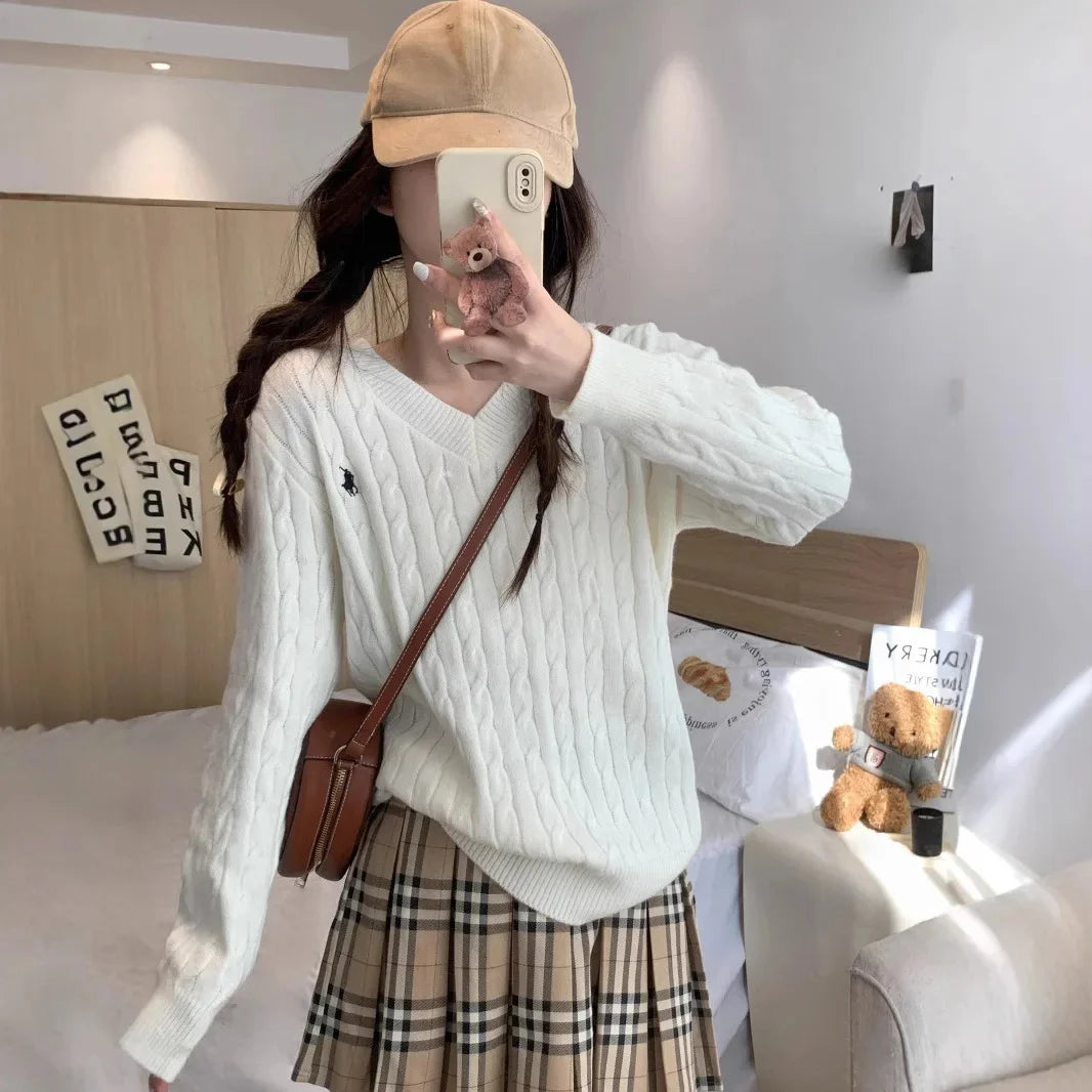 Women's Loose Long Sleeve Knitted Sweater Autumn Winter Inner Wear V-Neck Embroidered Pattern Tassel Twist Korean Style Top