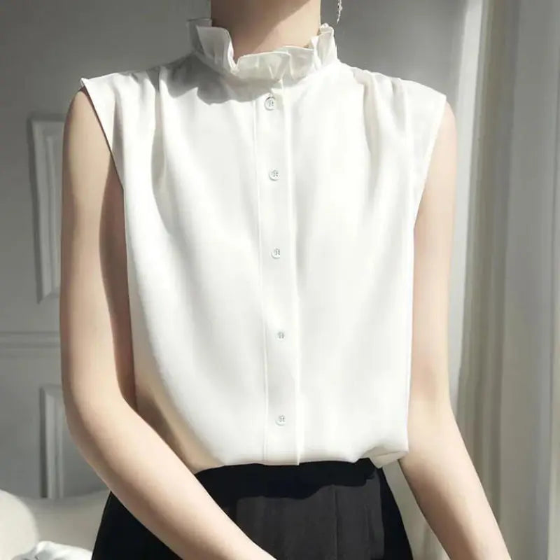 Minimalist Commuter 2024 Summer New Women's Blouse Ruffled Neck Button Solid Color Sleeveless Stylish Elegant Slim Shirt Tops