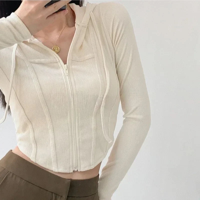 2024 Thin Hooded Cardigan Women Vintage Slim Solid Sports Jacket Vertical Pit Stripe Zipper Female Sexy Korean Cropped Tops