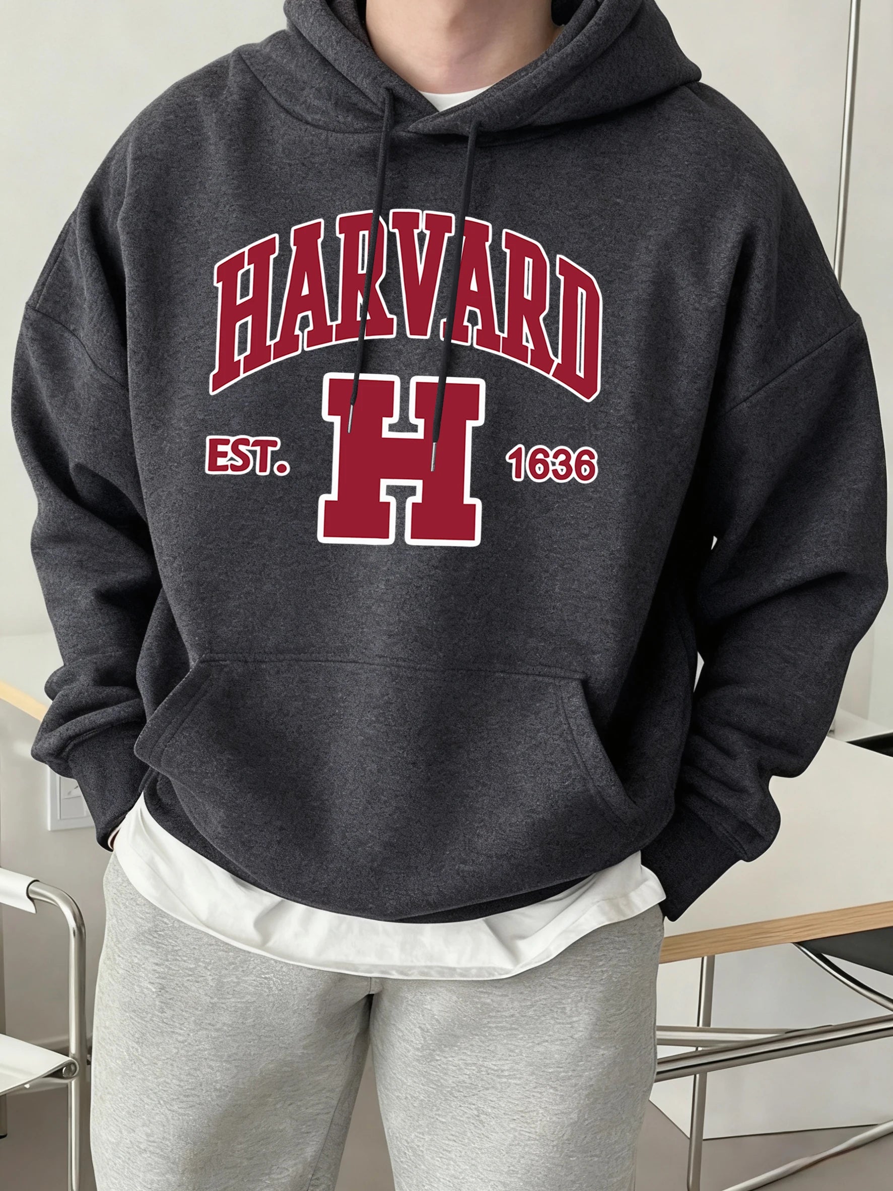 Harvard Est. 1636 Printed Sport Casual Hoody Men Street Fleece Sweatshirts Comfortable Loose Clothes Vintage Pocket Sportswears