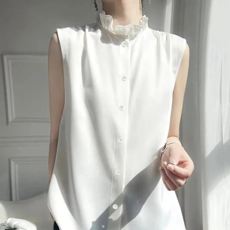 Minimalist Commuter 2024 Summer New Women's Blouse Ruffled Neck Button Solid Color Sleeveless Stylish Elegant Slim Shirt Tops