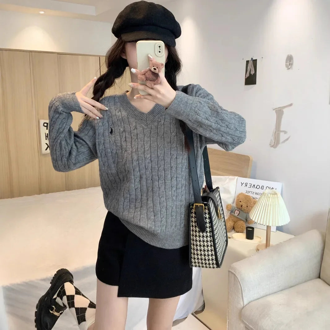 Women's Loose Long Sleeve Knitted Sweater Autumn Winter Inner Wear V-Neck Embroidered Pattern Tassel Twist Korean Style Top