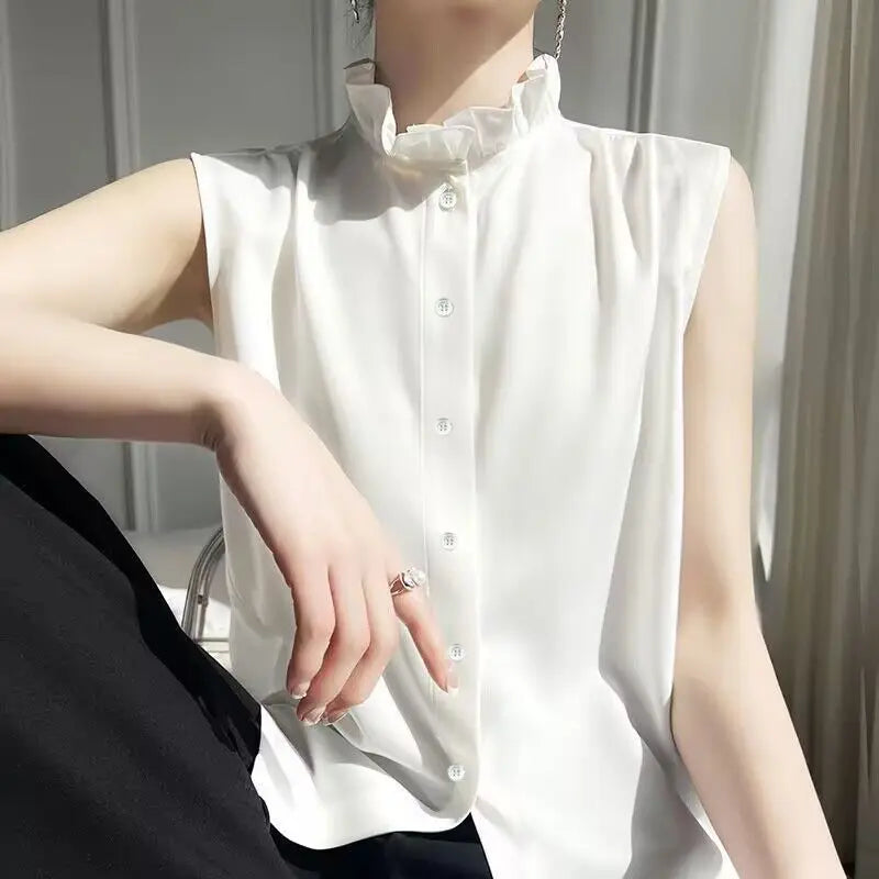 Minimalist Commuter 2024 Summer New Women's Blouse Ruffled Neck Button Solid Color Sleeveless Stylish Elegant Slim Shirt Tops