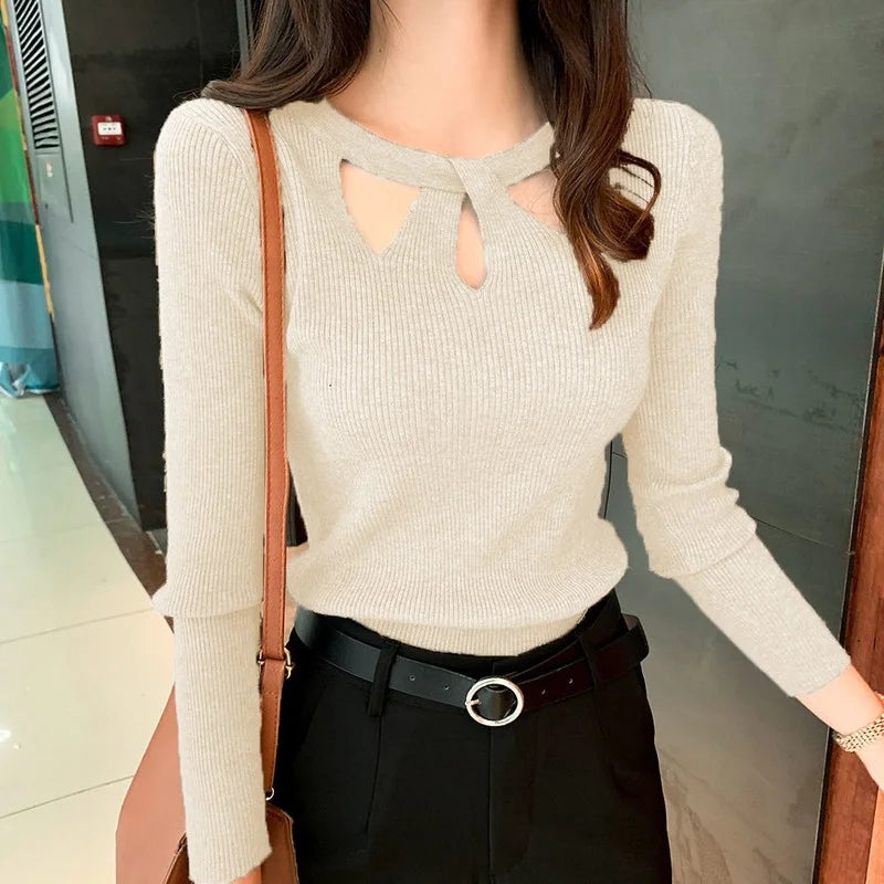 Women's O-neck Stretch Sexy Pullover Lady 2025 Autumn Winter Hollow Solid Color Sweater Slim Bottoming Shirt Jumper Sueter