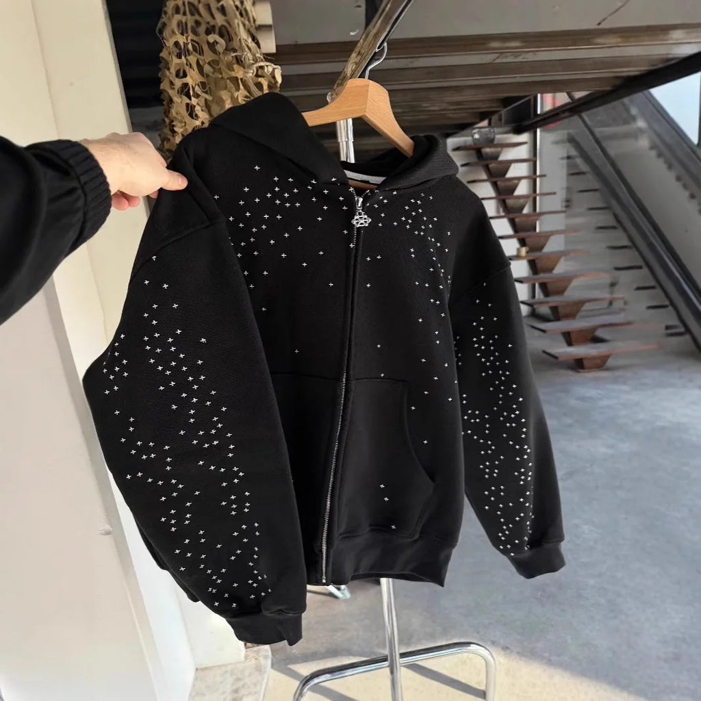 Street Classic Black Harajuku Design Zipper Hooded Men's Hip-hop Harajuku Y2k Personality Casual Retro Couple Cardigan Jacket