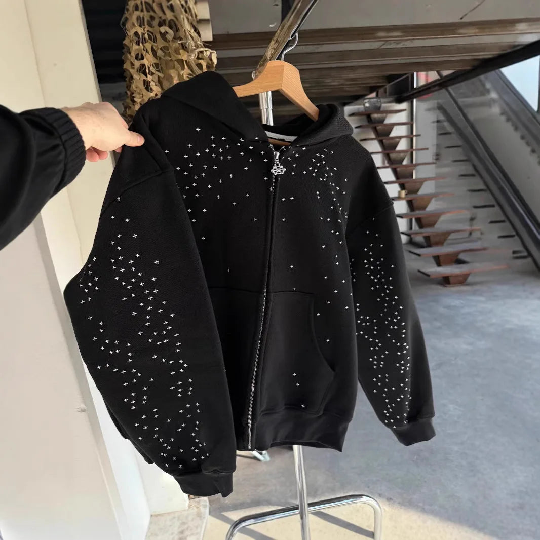 Street Classic Black Harajuku Design Zipper Hooded Men's Hip-hop Harajuku Y2k Personality Casual Retro Couple Cardigan Jacket