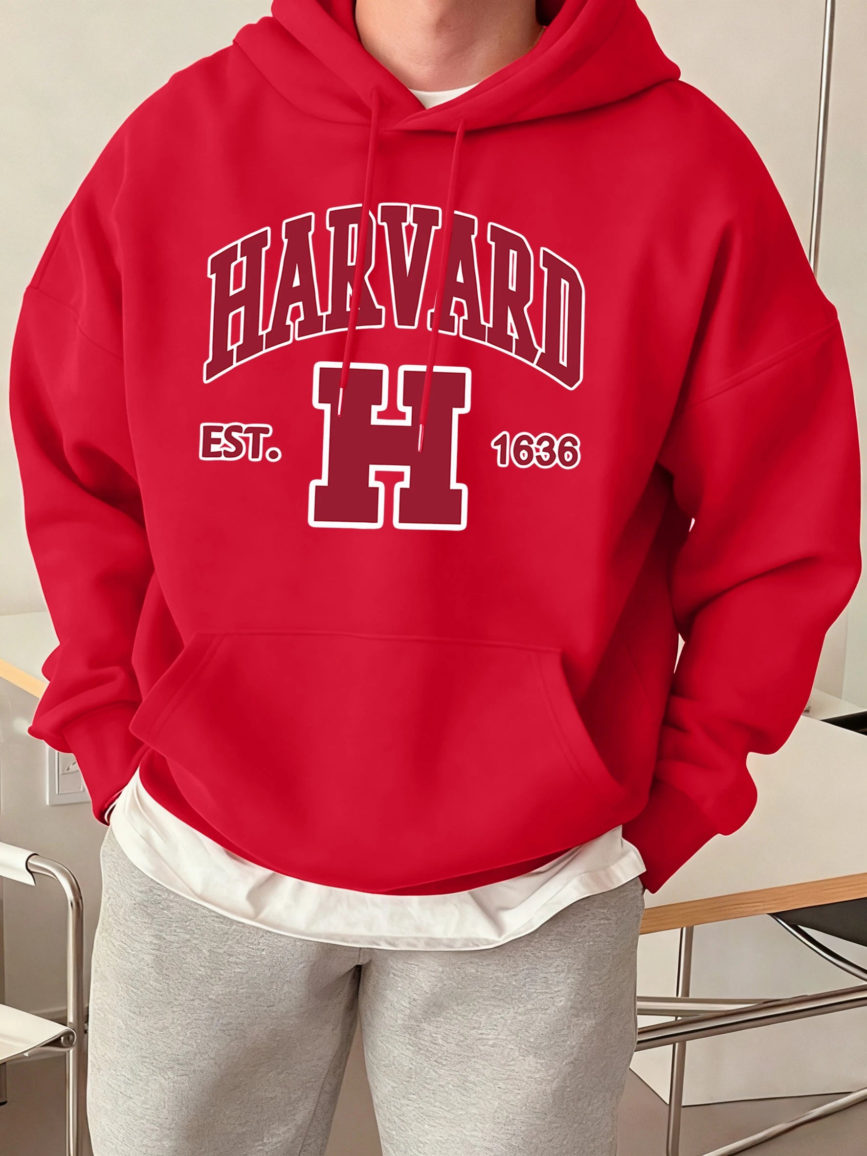 Harvard Est. 1636 Printed Sport Casual Hoody Men Street Fleece Sweatshirts Comfortable Loose Clothes Vintage Pocket Sportswears