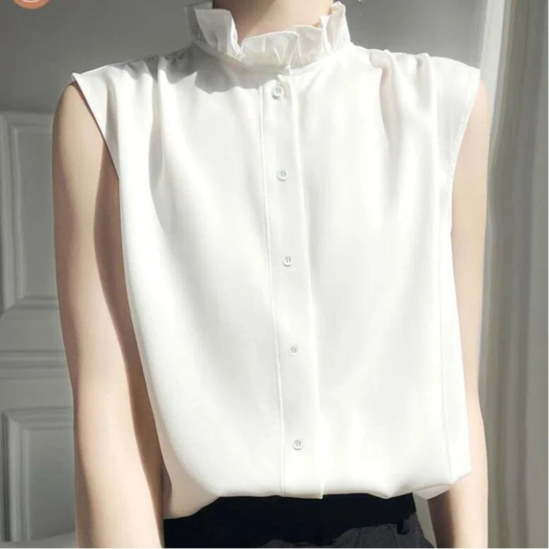 Minimalist Commuter 2024 Summer New Women's Blouse Ruffled Neck Button Solid Color Sleeveless Stylish Elegant Slim Shirt Tops
