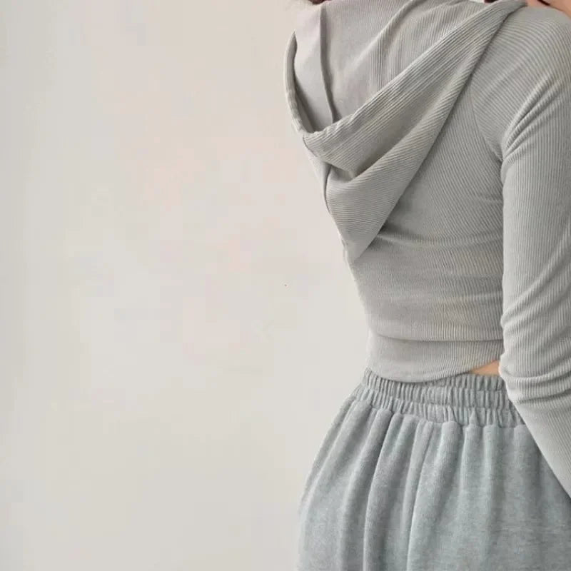 2024 Thin Hooded Cardigan Women Vintage Slim Solid Sports Jacket Vertical Pit Stripe Zipper Female Sexy Korean Cropped Tops