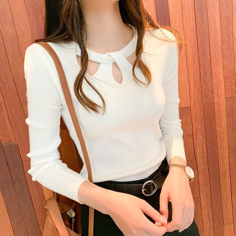 Women's O-neck Stretch Sexy Pullover Lady 2025 Autumn Winter Hollow Solid Color Sweater Slim Bottoming Shirt Jumper Sueter
