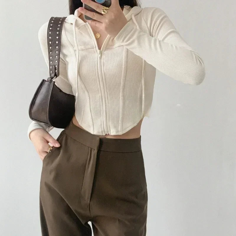 2024 Thin Hooded Cardigan Women Vintage Slim Solid Sports Jacket Vertical Pit Stripe Zipper Female Sexy Korean Cropped Tops