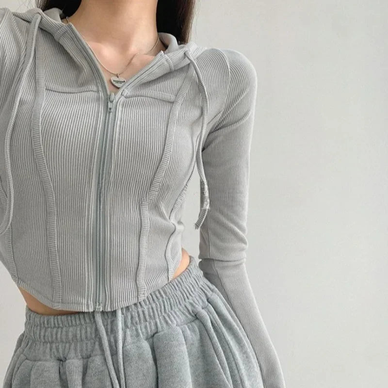 2024 Thin Hooded Cardigan Women Vintage Slim Solid Sports Jacket Vertical Pit Stripe Zipper Female Sexy Korean Cropped Tops