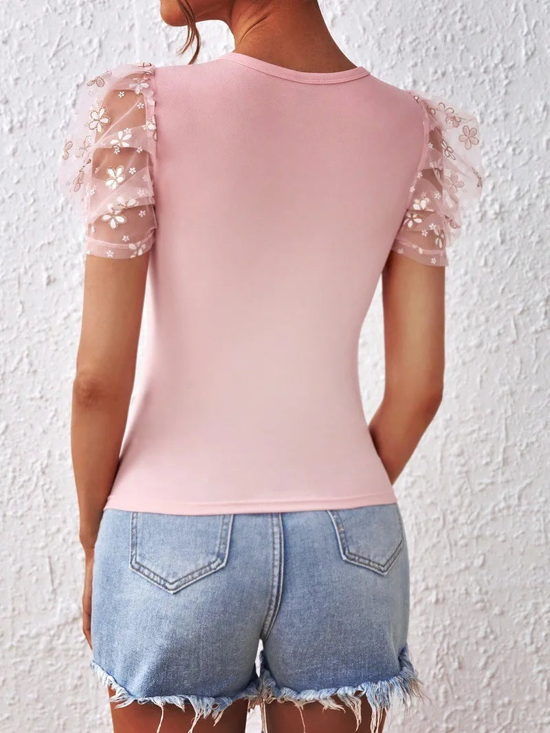 2024 European And American Spring And Autumn Mesh Petal Bubble Short Sleeve Solid Color Round Neck Slimming T-Shirt