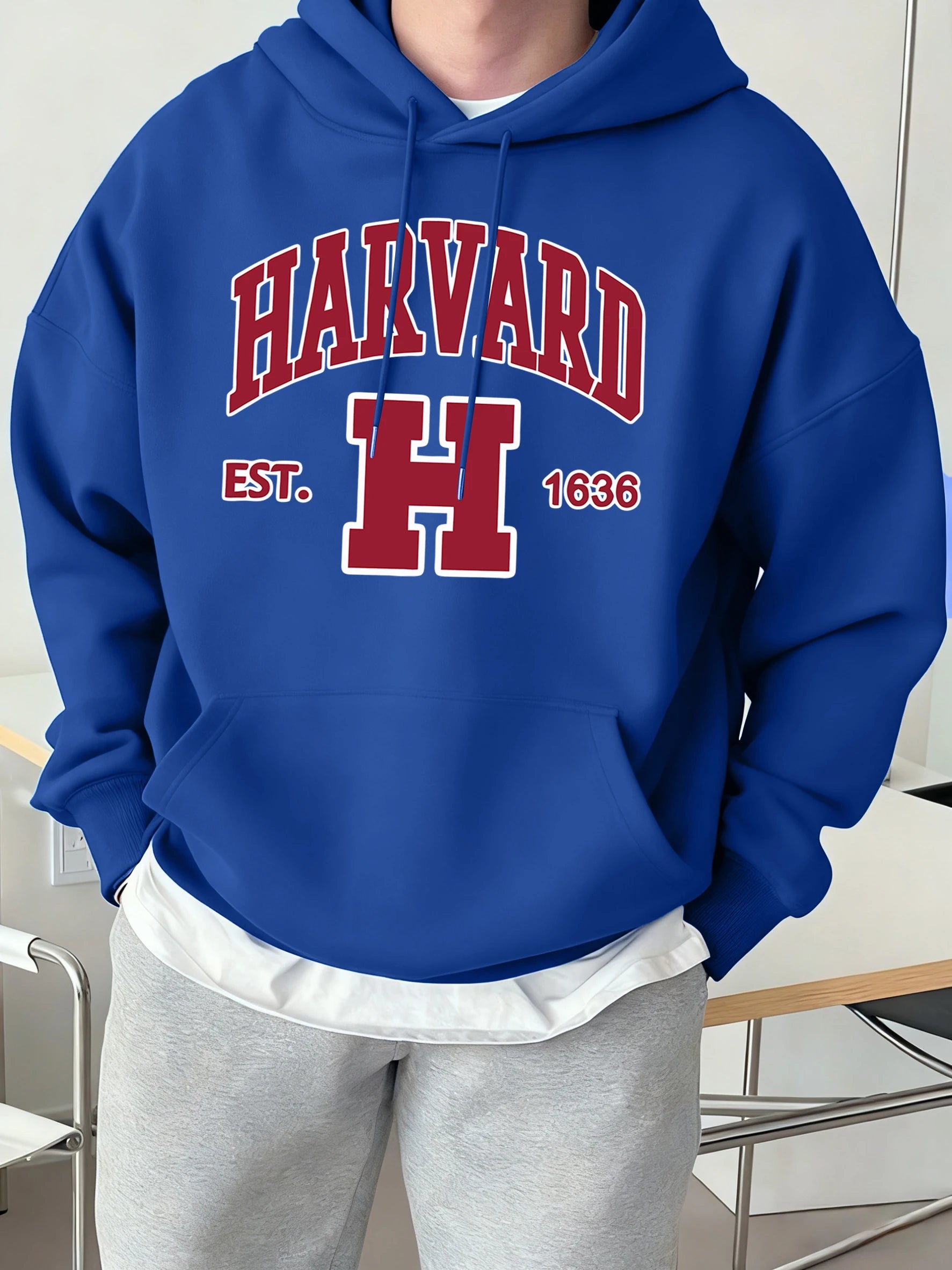 Harvard Est. 1636 Printed Sport Casual Hoody Men Street Fleece Sweatshirts Comfortable Loose Clothes Vintage Pocket Sportswears