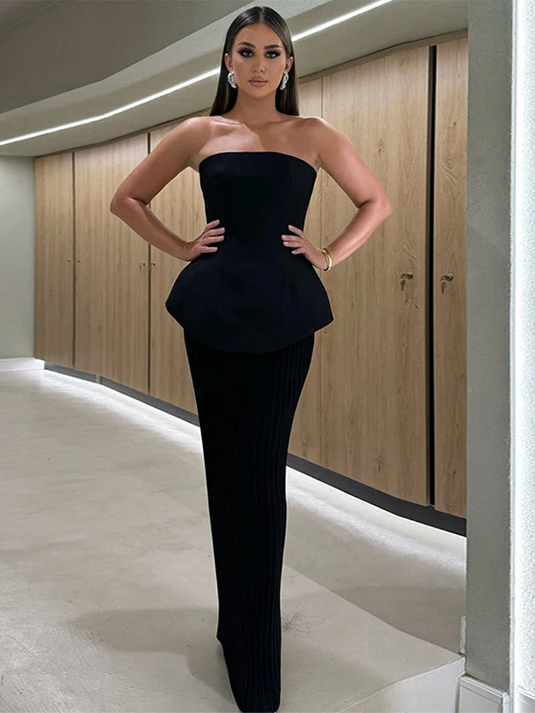 Waist Cinching Strapless Top Pleated Skirt Woman‘s Sets High Waist Sleeveless Solid Color Tops Slim Pleated Long Skirts Elegant