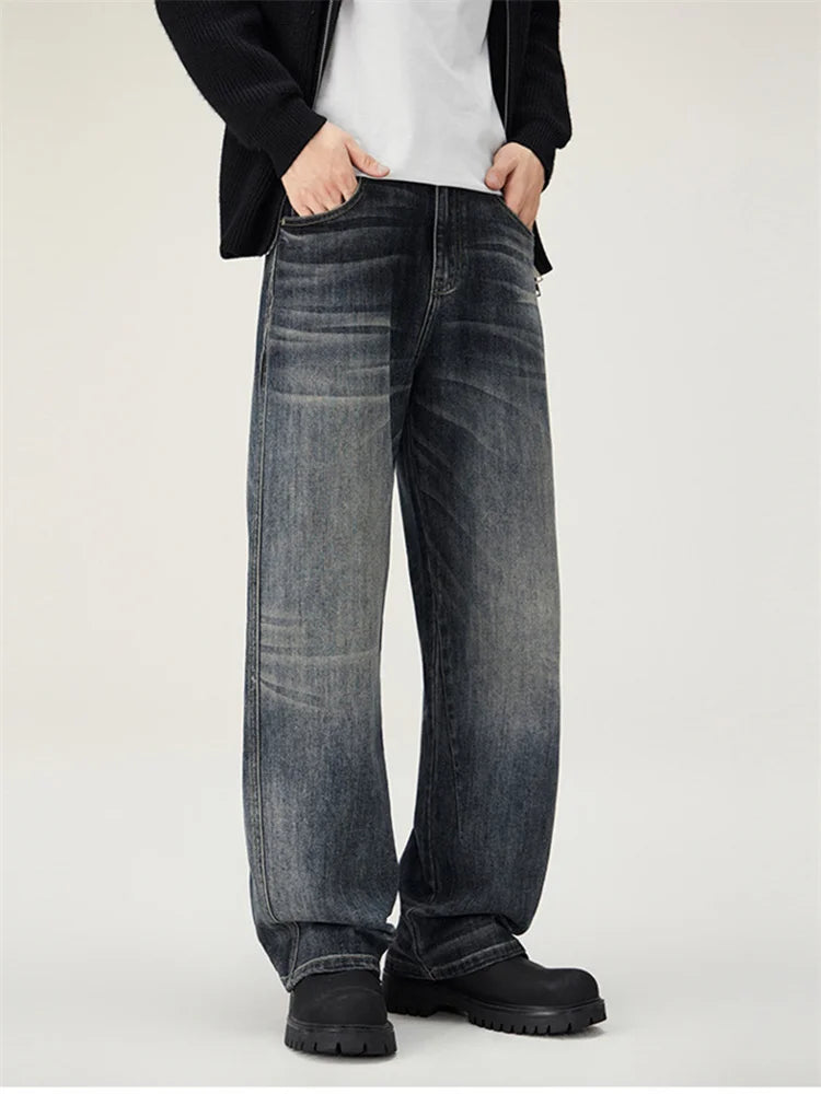 Men's loose wide-leg jeans, men's summer jeans, men's washed-out blue jeans, men's fashionable street versatile trousers