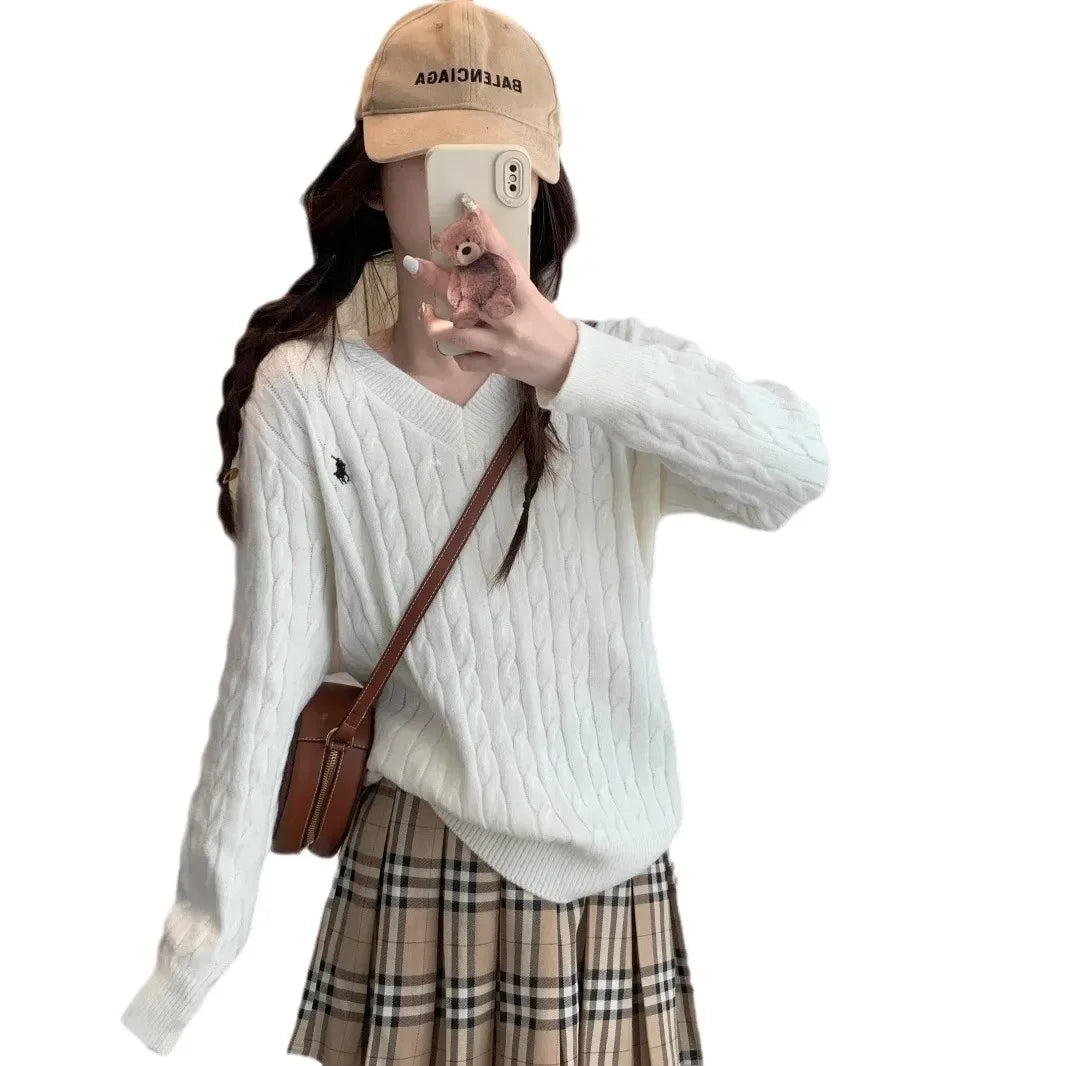 Women's Loose Long Sleeve Knitted Sweater Autumn Winter Inner Wear V-Neck Embroidered Pattern Tassel Twist Korean Style Top