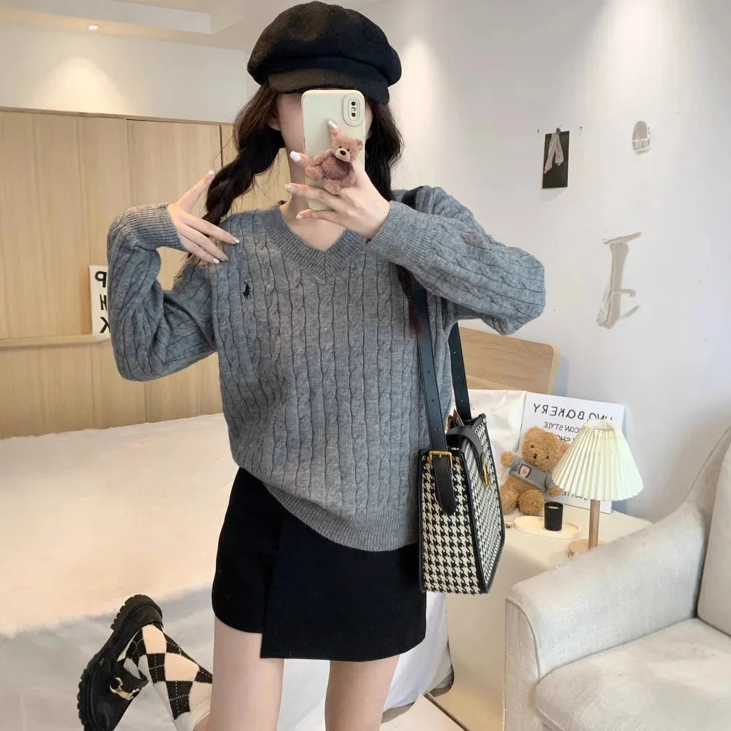 Women's Loose Long Sleeve Knitted Sweater Autumn Winter Inner Wear V-Neck Embroidered Pattern Tassel Twist Korean Style Top