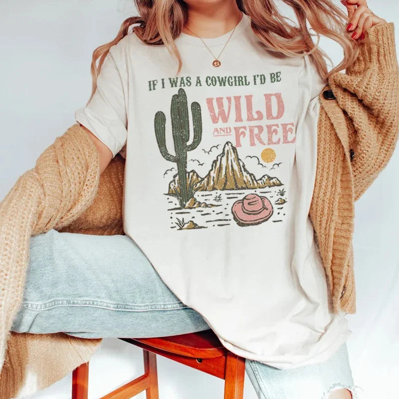 Summer Women Oversized Vintage Western T-Shirts Cowgirl Wild Free Desert Cactus Graphic Tshirt Cute Country Music Tees Retro Top