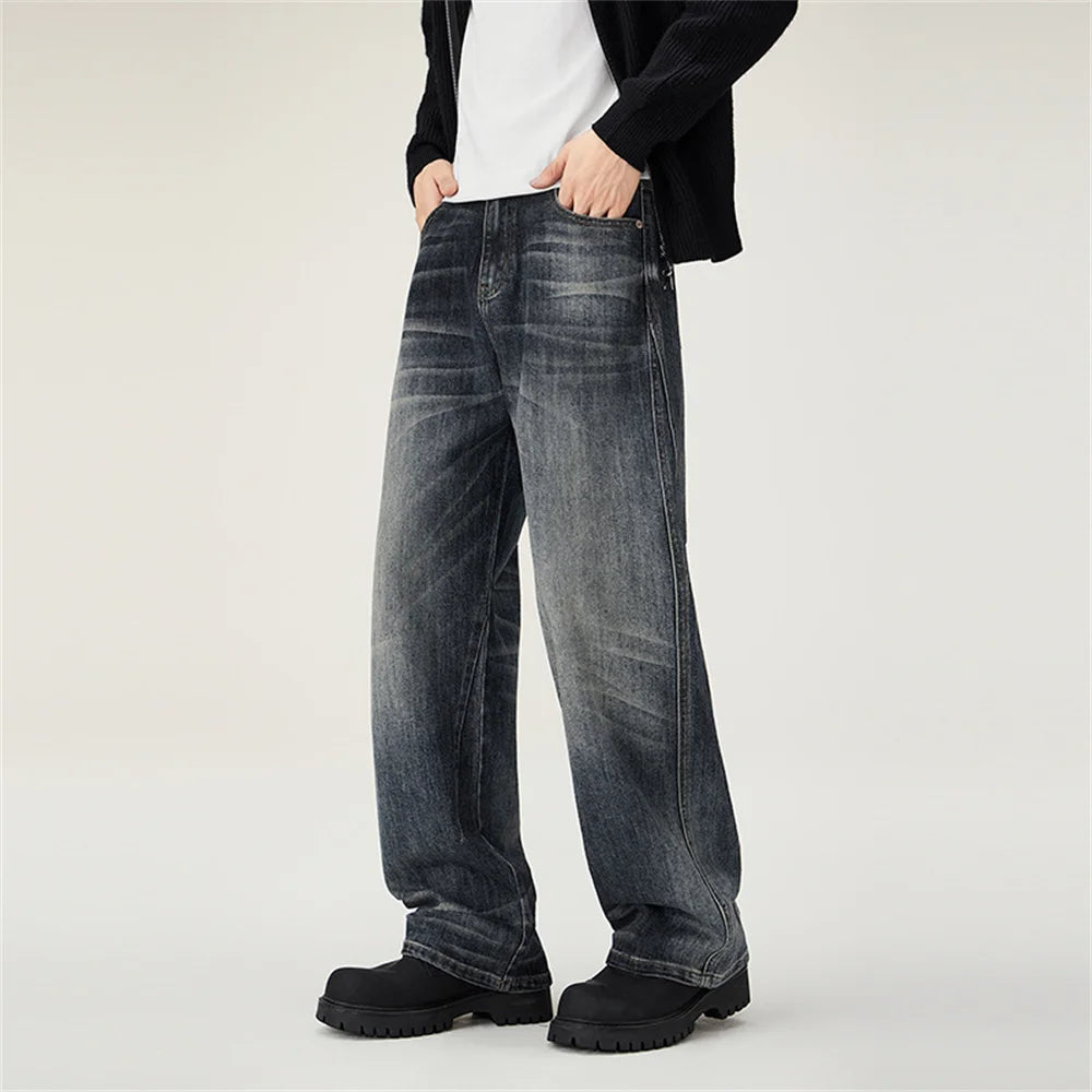 Men's loose wide-leg jeans, men's summer jeans, men's washed-out blue jeans, men's fashionable street versatile trousers
