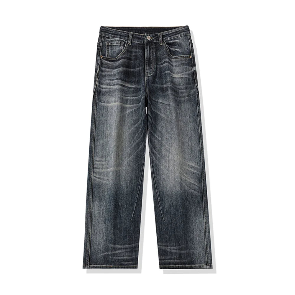 Men's loose wide-leg jeans, men's summer jeans, men's washed-out blue jeans, men's fashionable street versatile trousers