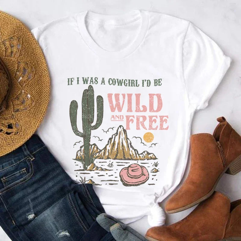 Summer Women Oversized Vintage Western T-Shirts Cowgirl Wild Free Desert Cactus Graphic Tshirt Cute Country Music Tees Retro Top