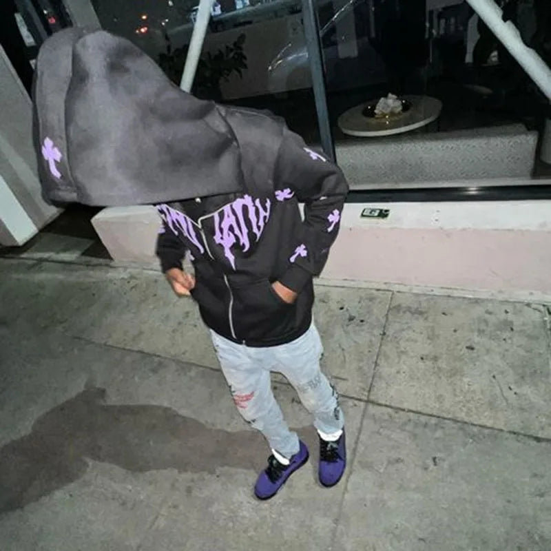 Y2K Hip Hop Hoodie Harajuku Punk Y2k Gothic Grunge Rhinestones Zip Up Hoodies Long Sleeve Sweatshirt Jacket Streetwear Winter