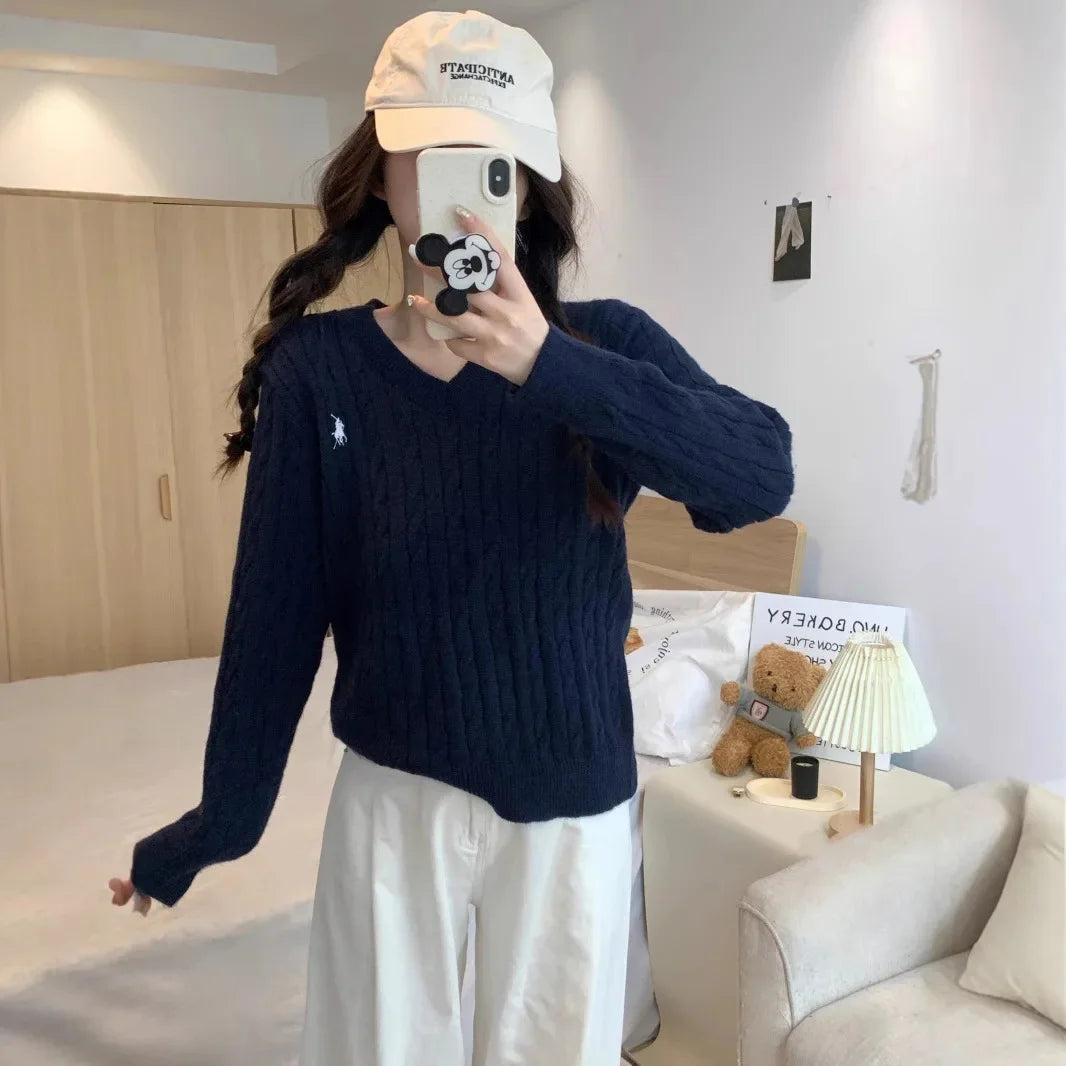 Women's Loose Long Sleeve Knitted Sweater Autumn Winter Inner Wear V-Neck Embroidered Pattern Tassel Twist Korean Style Top