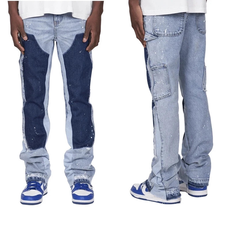 2025 Men's Fashion Jeans Work Pants, European and American Fashion Workwear Elastic Patchwork Denim Layered Flared Pants S-XXL