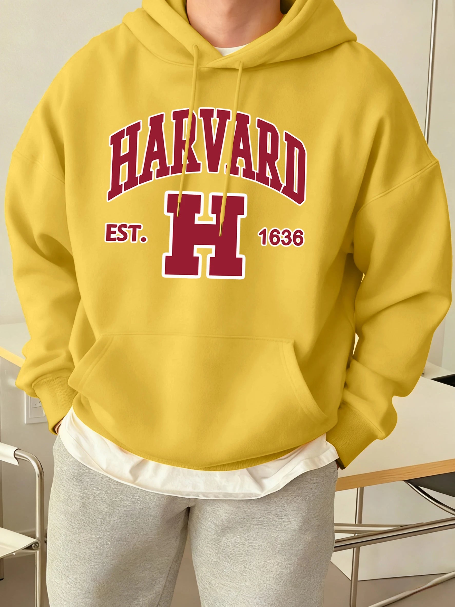 Harvard Est. 1636 Printed Sport Casual Hoody Men Street Fleece Sweatshirts Comfortable Loose Clothes Vintage Pocket Sportswears