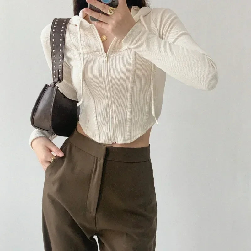 2024 Thin Hooded Cardigan Women Vintage Slim Solid Sports Jacket Vertical Pit Stripe Zipper Female Sexy Korean Cropped Tops