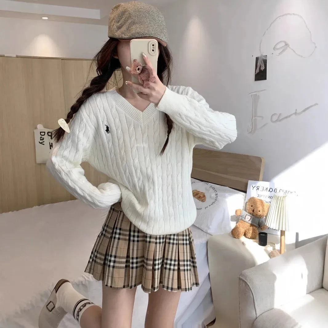 Women's Loose Long Sleeve Knitted Sweater Autumn Winter Inner Wear V-Neck Embroidered Pattern Tassel Twist Korean Style Top