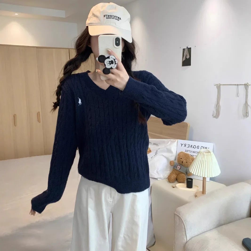 Women's Loose Long Sleeve Knitted Sweater Autumn Winter Inner Wear V-Neck Embroidered Pattern Tassel Twist Korean Style Top