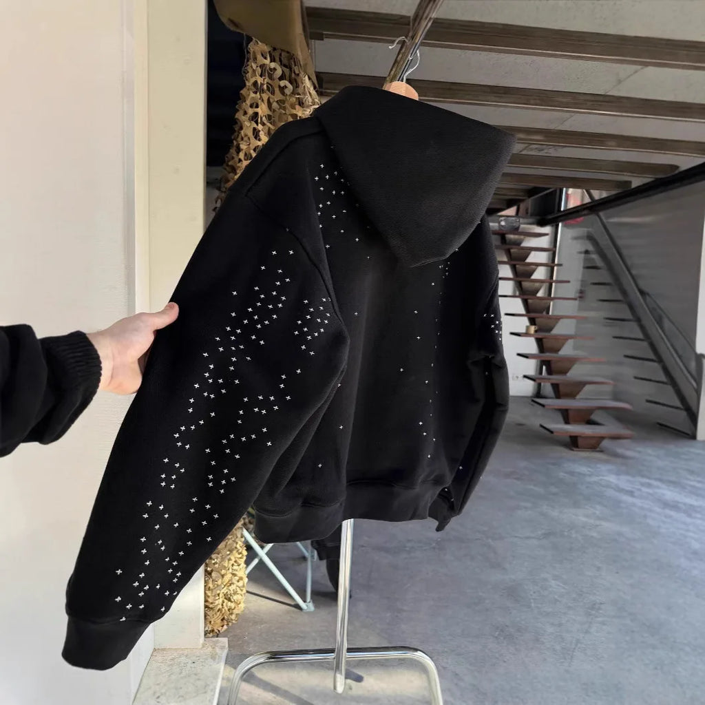 Street Classic Black Harajuku Design Zipper Hooded Men's Hip-hop Harajuku Y2k Personality Casual Retro Couple Cardigan Jacket